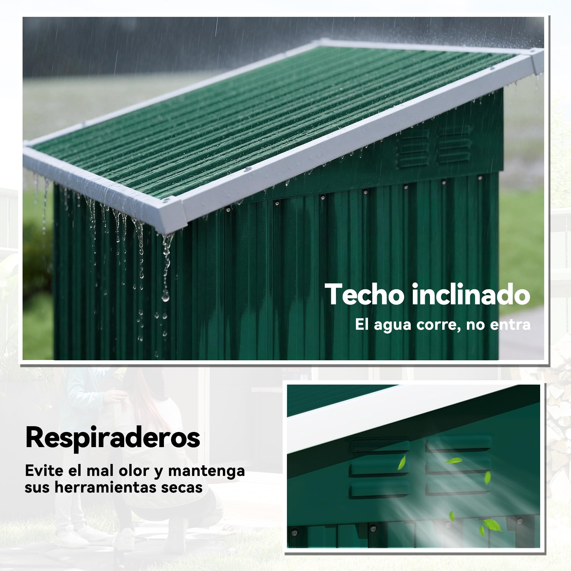 Outsunny Caseta de Jardín Exterior 0,74 m², 107,5x91x185 cm, Cobertizo de Jardín Exterior Metálico con Techo Inclinado, Puerta con Cerradura y Ventilaciones para Almacenamiento de Herramientas, Verde - 5