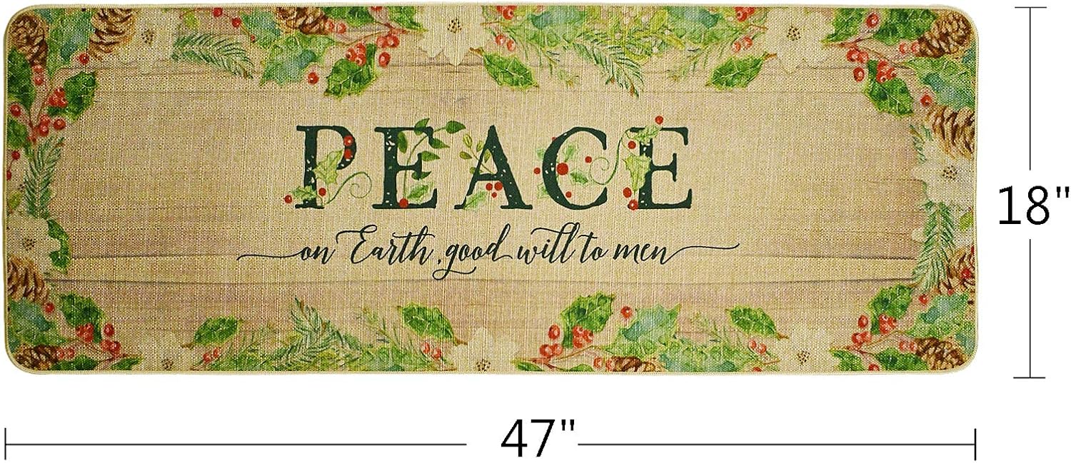Decorative Christmas Runner Rug Non-Slip Floor Mats Indoor Outdoor Area Carpet Winter Holiday Welcome Doormats Merry Xmas Decor Entrance Rugs for Hallway Kitchen Living Room Bedroom (Peace)