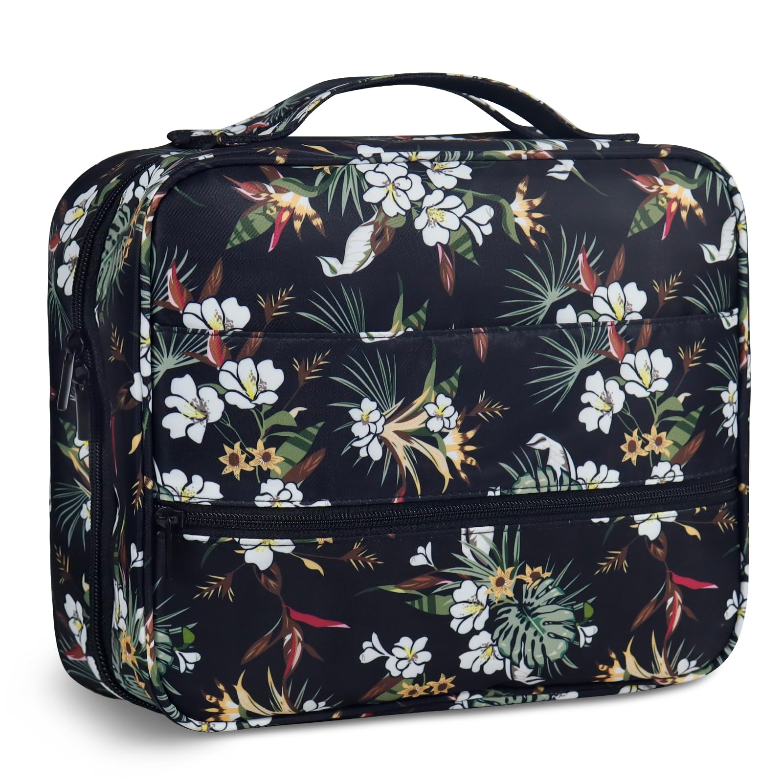 Gloppie Neceser de maquillaje para mujer, XXL, para colgar, organizador de viaje, Negro - Patrón floral blanco, XXL, Maletín de cosméticos