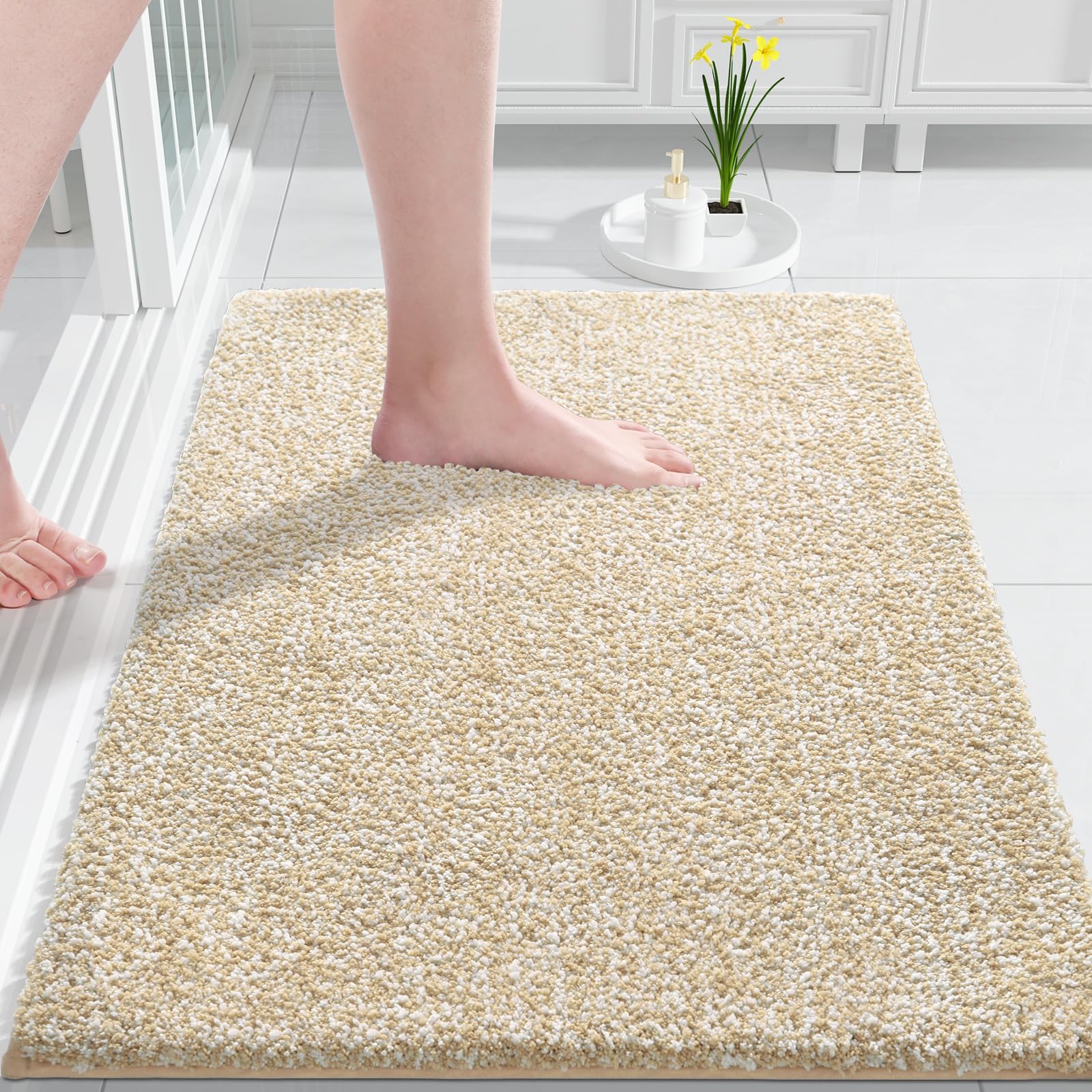 Bathroom Rugs Non Slip Washable,Soft Absorbent Microfiber Bath Mat, Dual-Tone Decor Rug with Rubber Backing for Bathroom Floor,Tub and Shower,32x20, Home Essentials,Light Beige and White