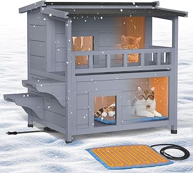 Outdoor Heated Kennel - Wooden Cat Kennel Outdoor Weatherproof - 2 Tier Insulated House with Balcony - Warm Winter Shelter for Wild Cats with Cushion