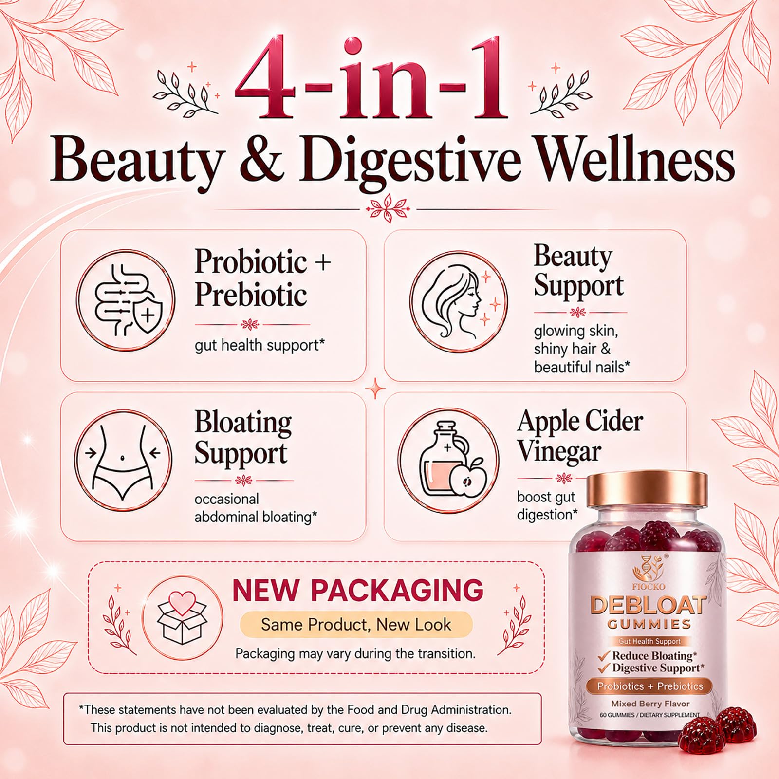 Probiotics for Women Gummies, Debloat Gummies with Prebiotic Fiber Supplement & Apple Cider Vinegar for Gut Health, Vitamin C & Biotin for Skin & Hair Support, Mixed Berry, 60 Count — Amazon image 2