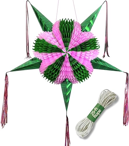 Miniatura 11 de Piñata extra grande del Cinco de Mayo, piñata de estrella mexicana multicolor arcoíris con 5 conos verdes y cuerda de 30 pies incluida, soporta