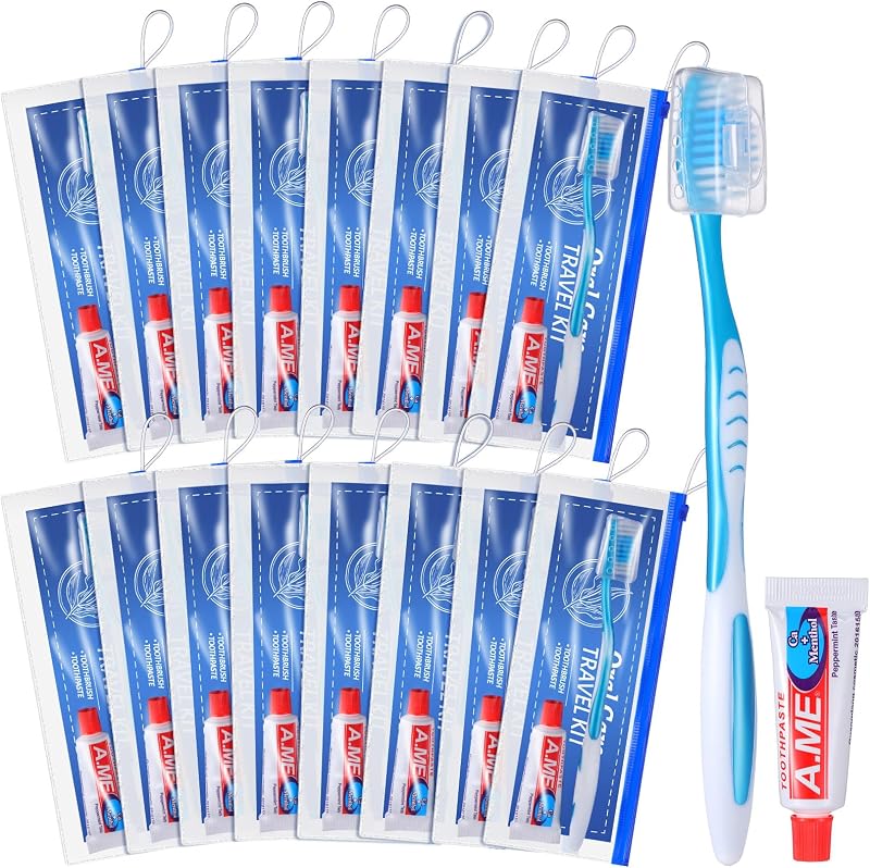 FoldTier 30 Set Travel Toothbrush Kit with Toothpaste, Cover, Resealable | Bulk travel kit, soft bristles, toothbrush cover included, resealable portable bag, reusable for guests homeless