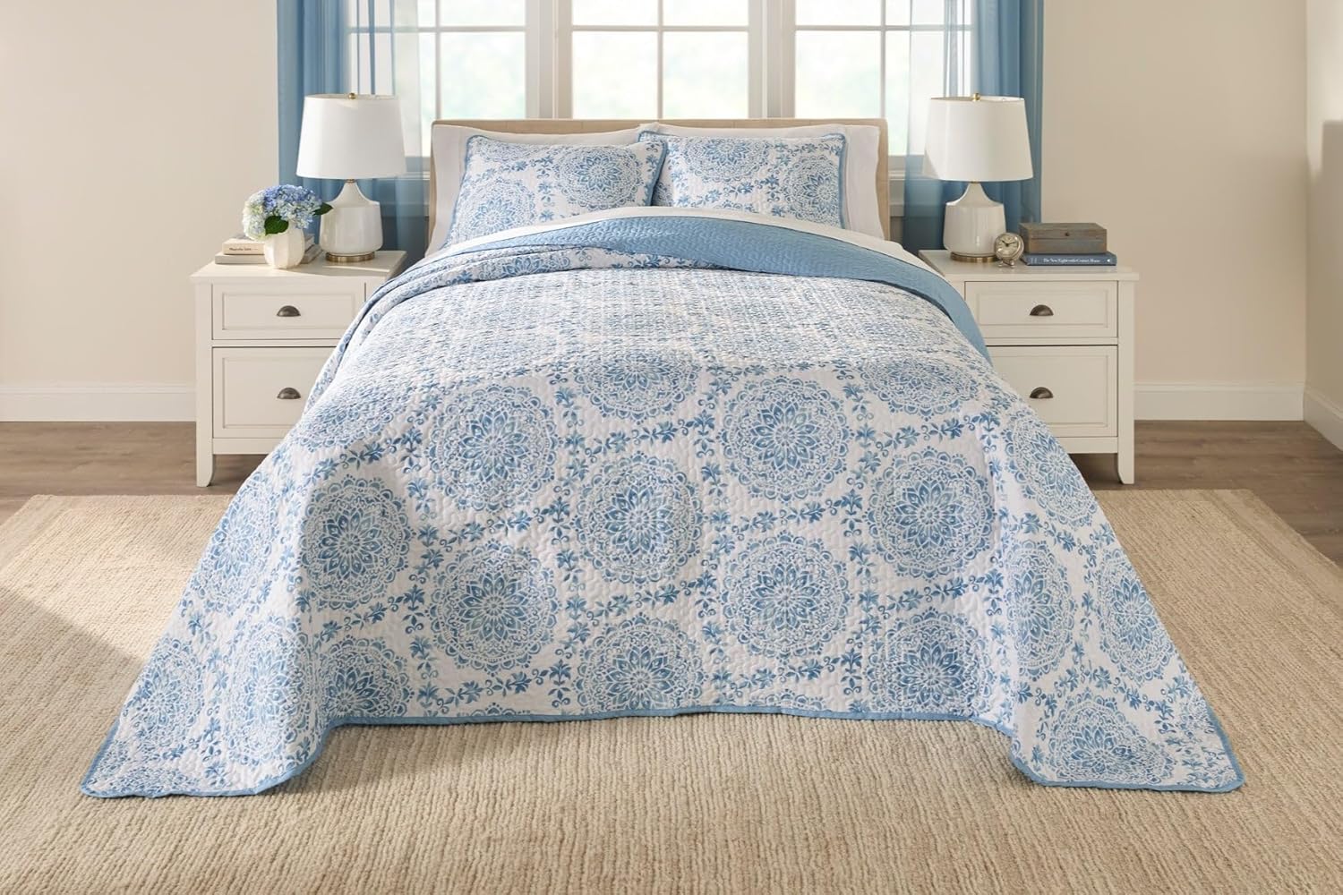 BrylaneHome Medallion 3 Piece Bedspread Set - Queen, Blue