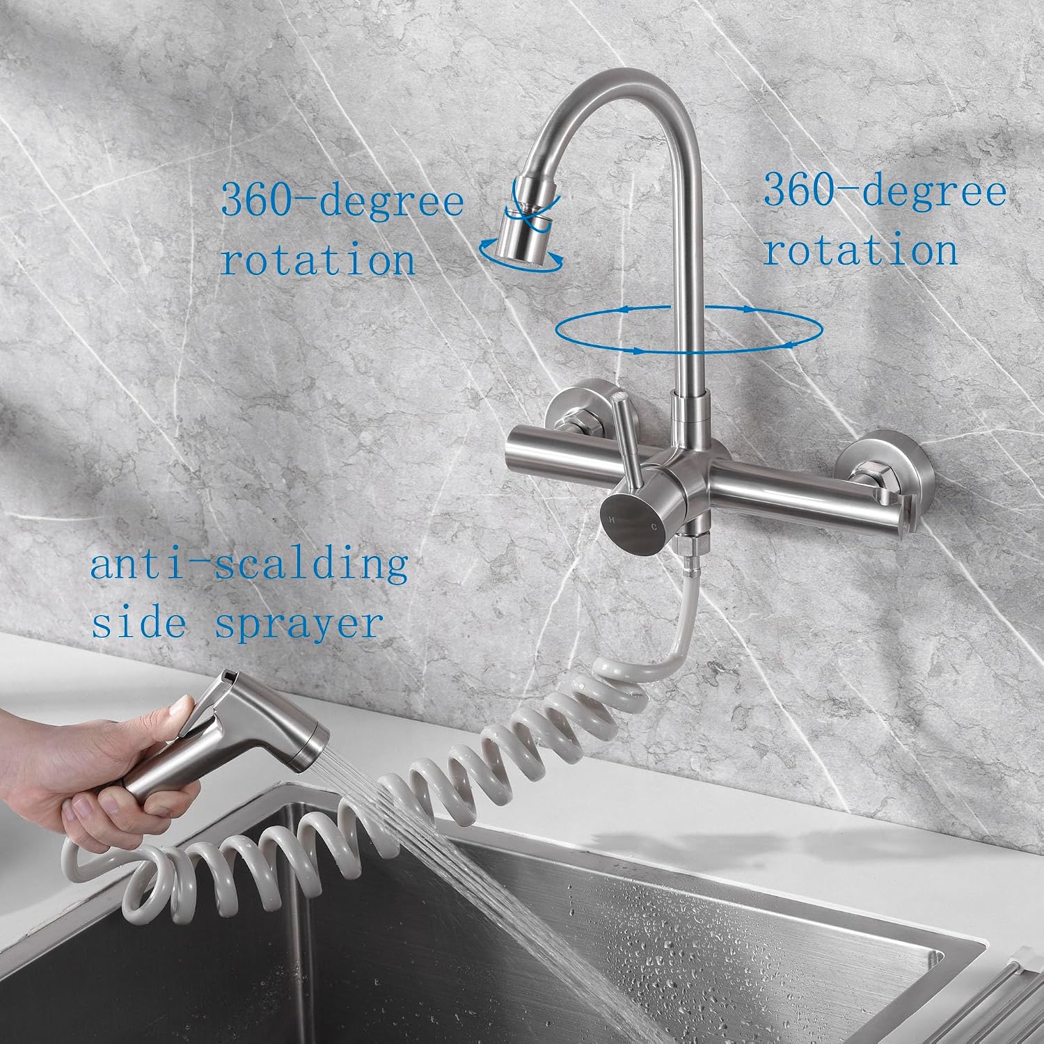 8" Center Wall Mount Kitchen Faucet with Side Sprayer, Brushed Nickle Stainless Steel Sink Mixer Tap, Lead-Free, 360° Swivel Spout