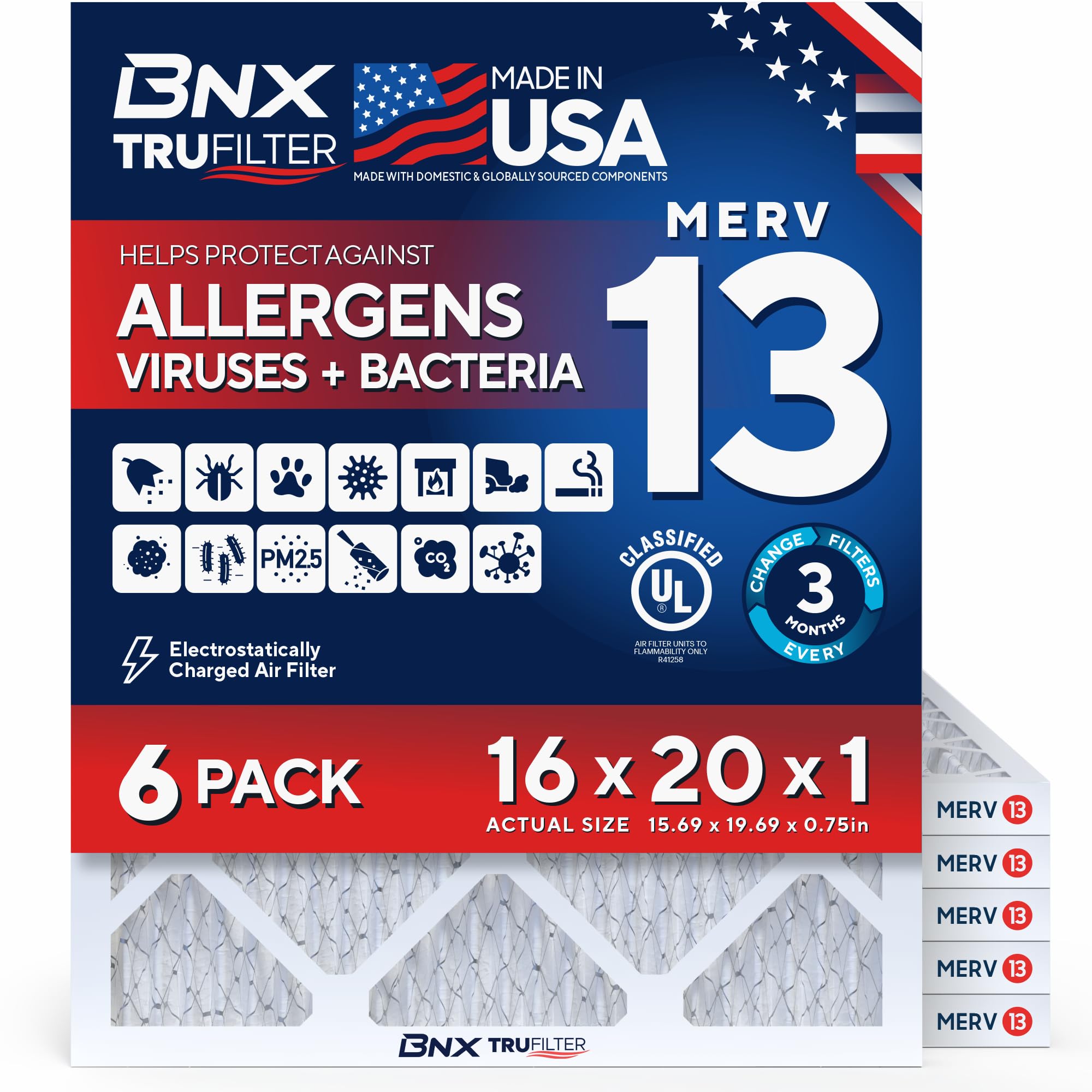 BNX TruFilter 16x20x1 Air Filter MERV 13 AC Filter, HVAC Furnace Filter, 6 Pack (ACTUAL SIZE 15.69"x19.69"x0.75") Allergies, Dust, Pet Dander & Smoke - MADE IN USA - MPR1500 / FPR 10