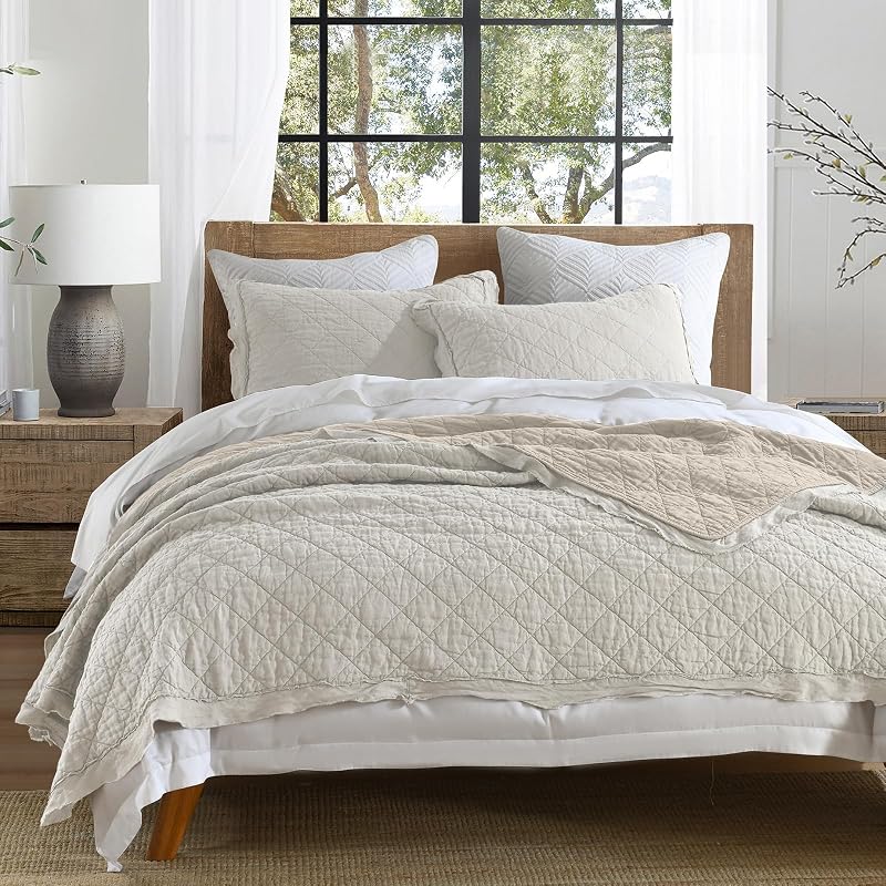 HORIMOTE HOME 100% Linen Front/100% Cotton Back Quilt Set Queen Size, Beige Pre-Washed European Flax Linen Quilt, Diamond Stitch Bedspread Coverlet Bedding Set 3-Piece for All Seasons