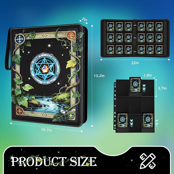 Trading Card Binder, Card Collection Binder 9 Pocket with 50 Removable Sleeves 900-Pocket Compact 3-Ring Zipper Album, Durable Trading Card Holder for TCG/MTG Collectors (Elemental ring)