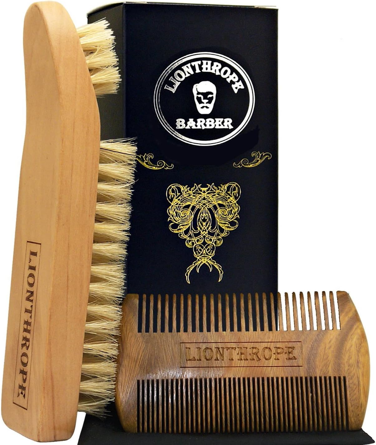 Beard Brush And Comb Set With Eyebrow Razor - Mustache Barber Brush Sandalwood Scent Bamboo Grooming Kit for Home & Travel - Grooming, Styling & Shaping