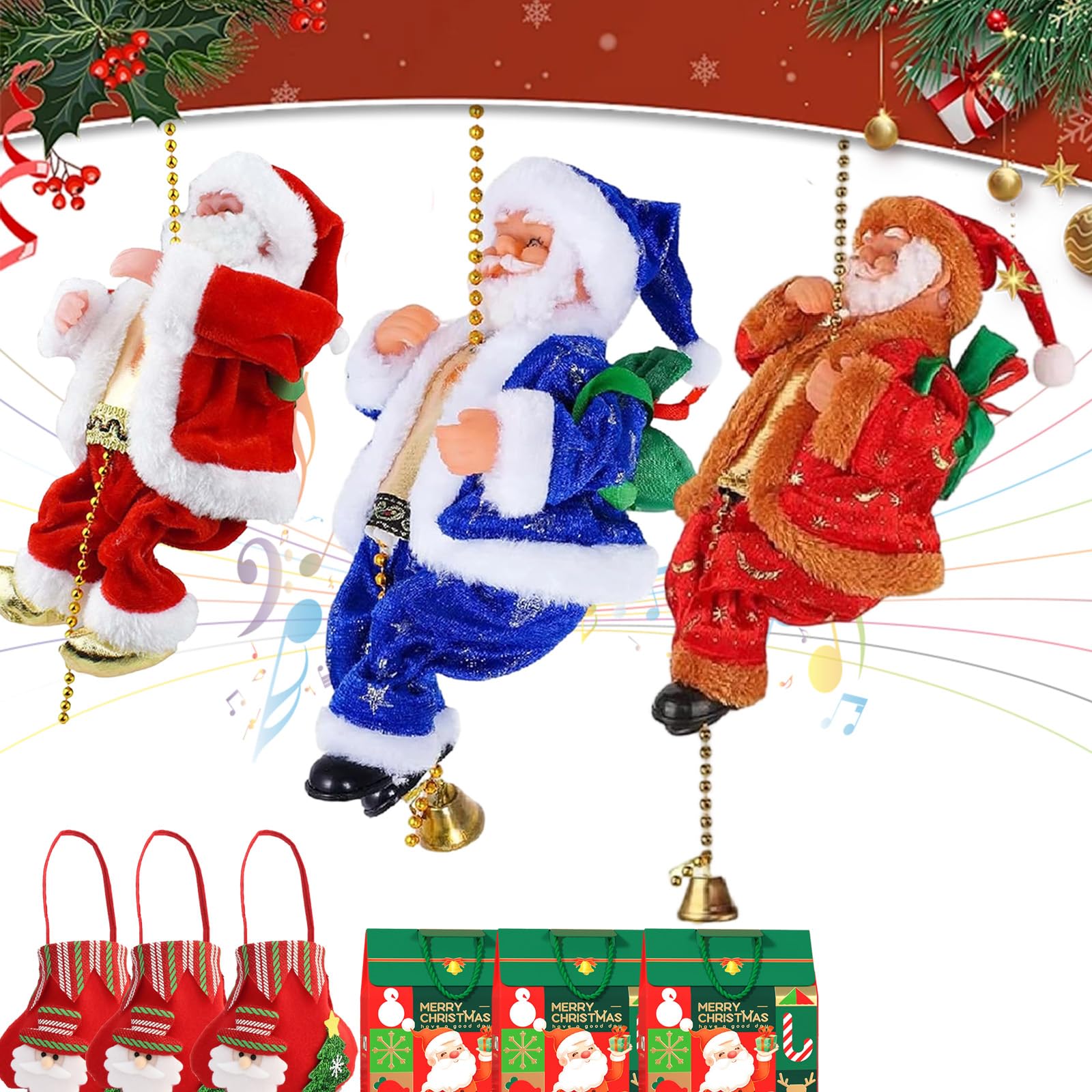 Santa Claus Musical Climbing Rope, 2026 new santa claus musical climbing rope, Hanging Climbing Santa On Rope, Three Gears to Adjust The Sound, for Tree, Window, Wall, Home DéCor (3PC)
