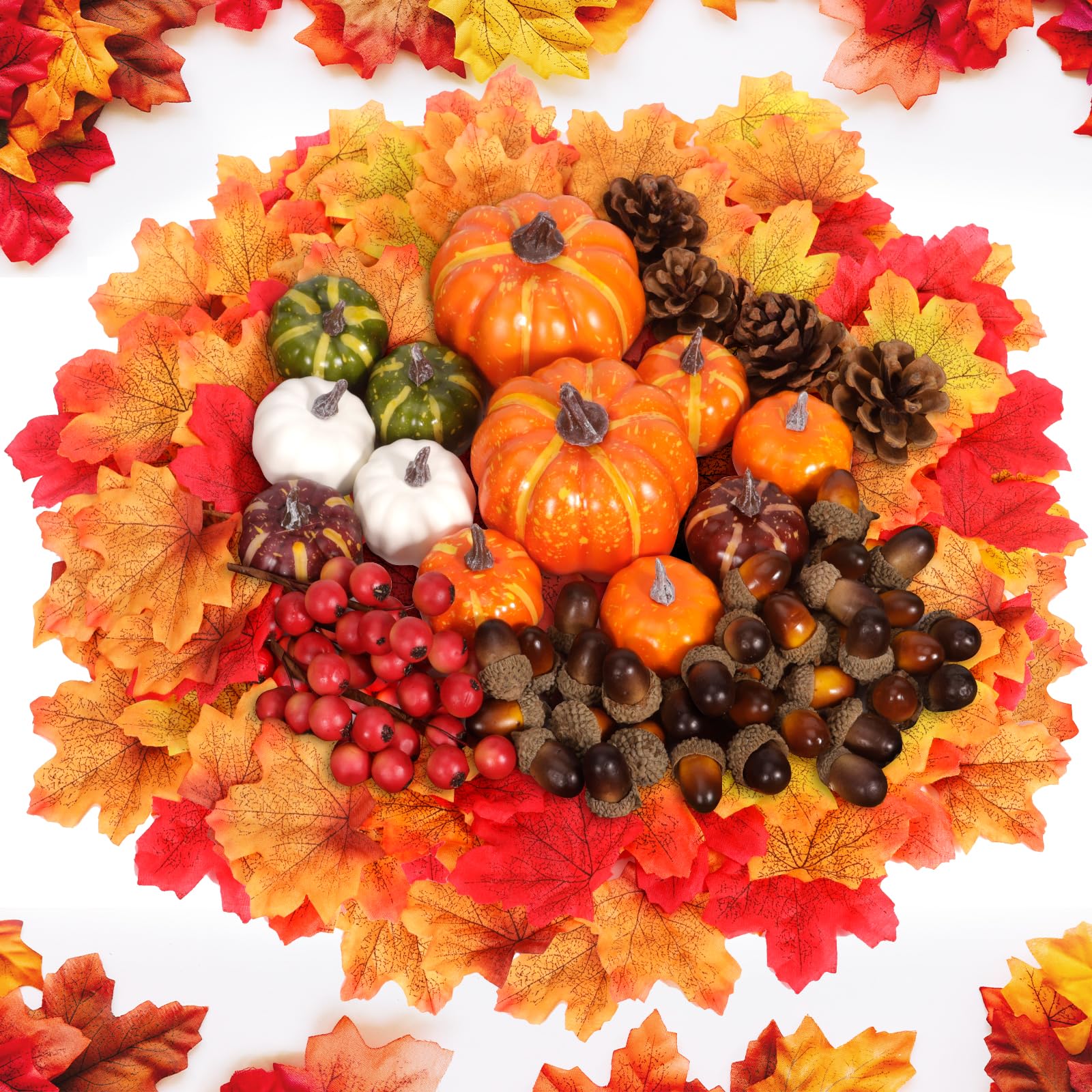 Citrouilles Artificielles, 162 Pièces Décoration de Citrouilles Automne, Mini Fausses Citrouille, Pommes de pin, Feuilles d'érable, Glands, etc, pour Halloween Thanksgiving Decoration Automne