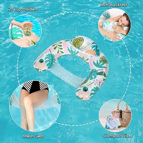 Miniatura 8 de Paquete de 4 flotadores de piscina para adultos, con dos portavasos, flotadores inflables de piscina, flotadores de lago para adultos, juguetes para