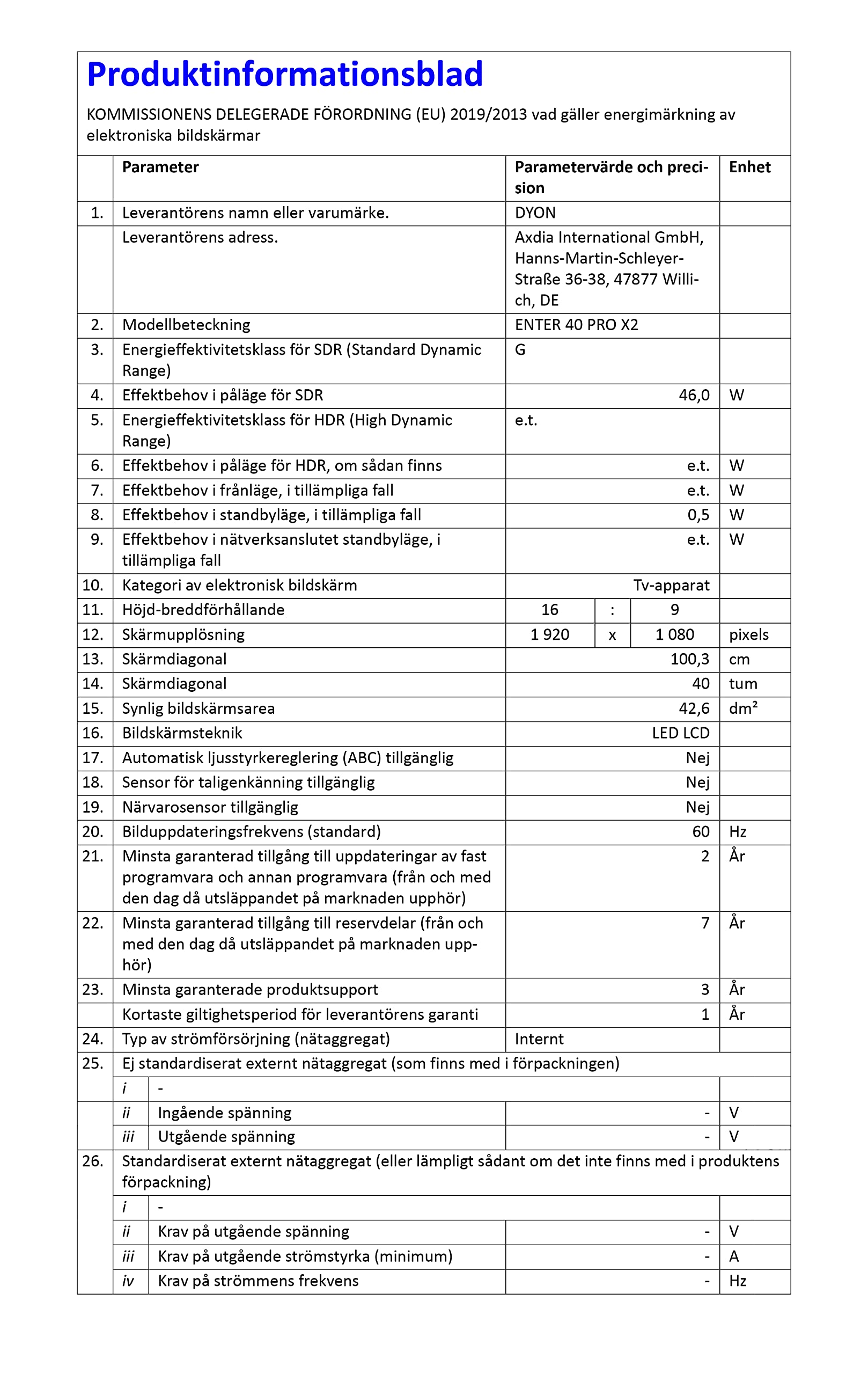 Dyon Enter 40 Pro X Technische Daten DYON Enter 40 PRO X2 100 cm (40 tum) TV (Full HD, trippel tuner (DVB-C