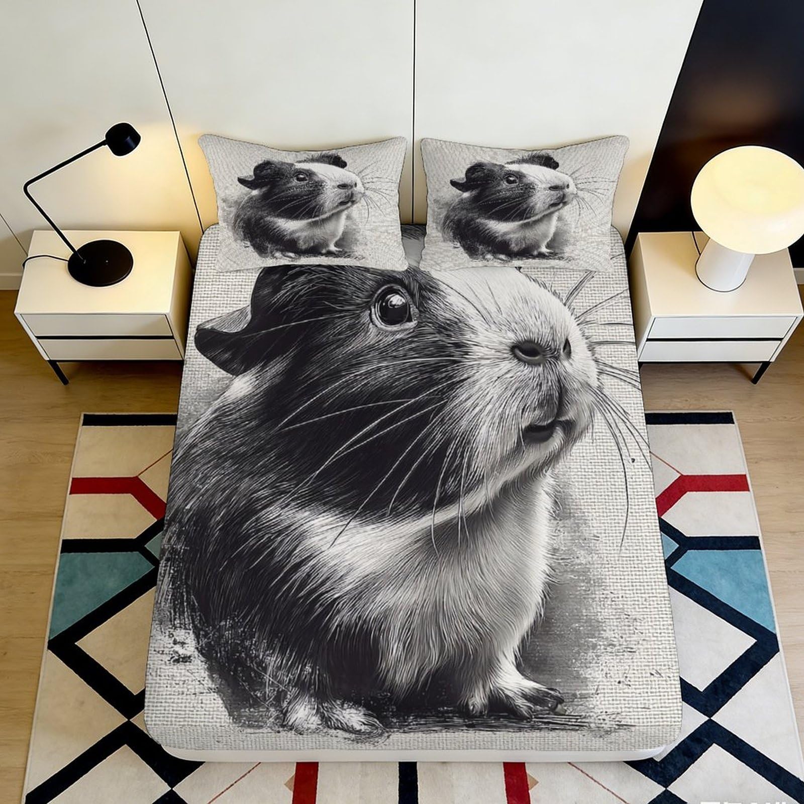 3D Printed Guinea Pig Fitted Sheet Microfiber Soft Breathable Animal Art Mattress Cover for Bedroom Dorm Decor 90x200x25cm