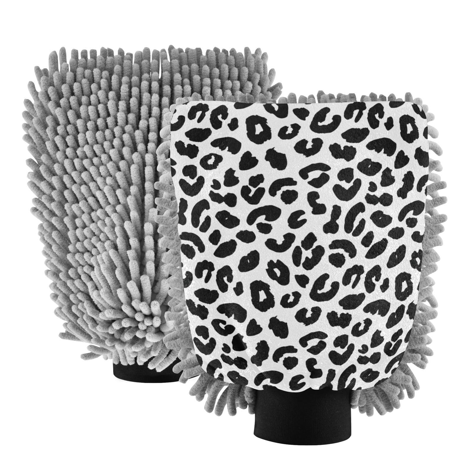 Kigai Beautiful Leopard Print Texture Car Wash Mitt Microfiber, 2Pcs Scratch Free Lint-Free, Premium Chenille Microfiber Mitt Car Wash Brush-L