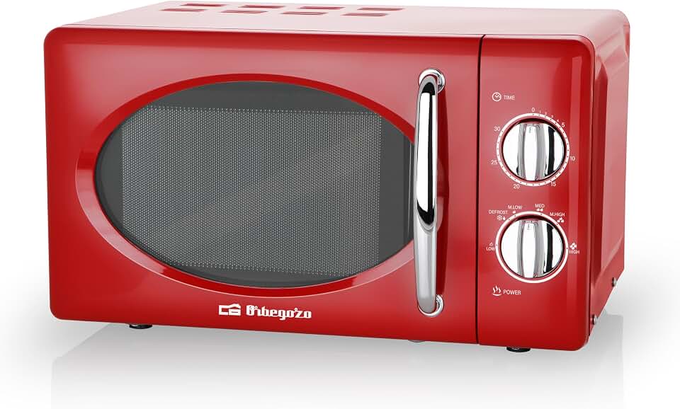 Orbegozo MI2020 Microondas con 20 litros de Capacidad, 6 Niveles, Temporizador hasta 30 Minutos, diseño Vintage, 700 W de Potencia, Acero, Rojo, Talla Única