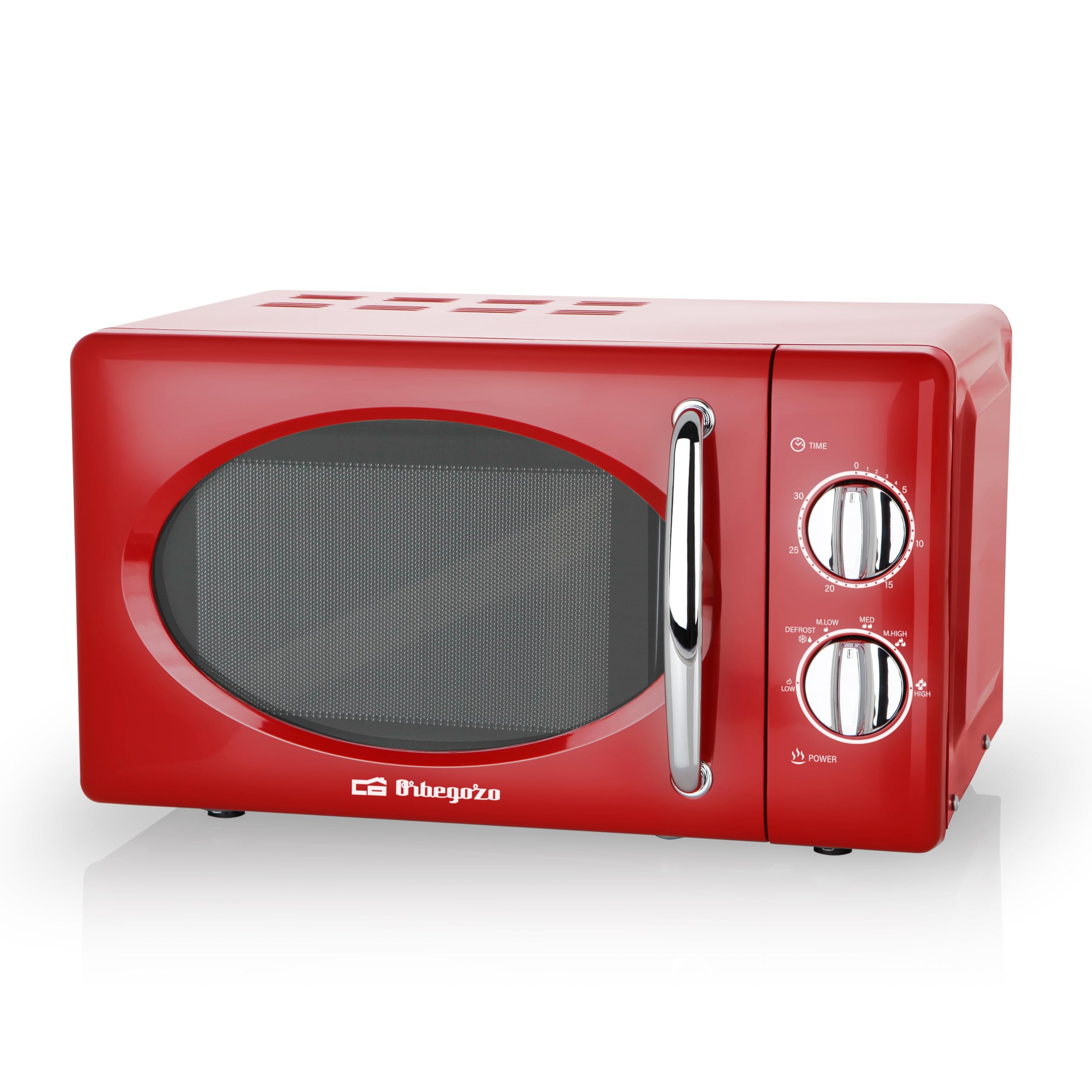 Orbegozo MI2020 Microondas con 20 litros de Capacidad, 6 Niveles, Temporizador hasta 30 Minutos, diseño Vintage, 700 W de Potencia, Acero, Rojo, Talla Única