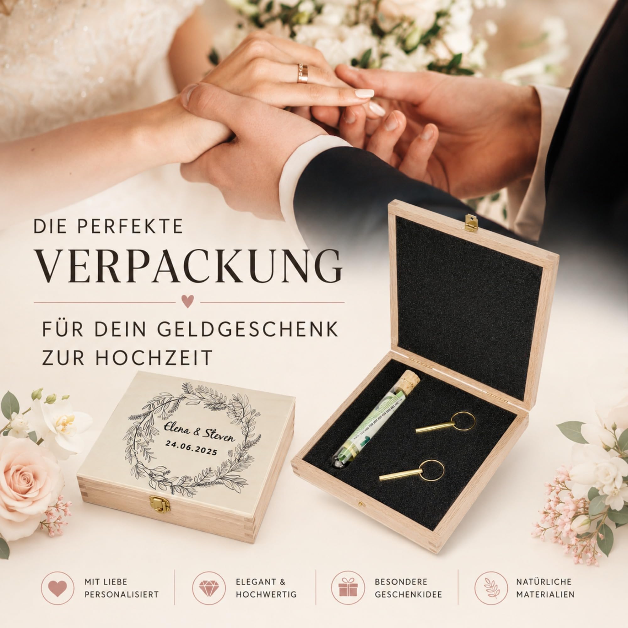 Geldgeschenk Hochzeit, Holzbox mit Schlüsselanhänger, Gravur