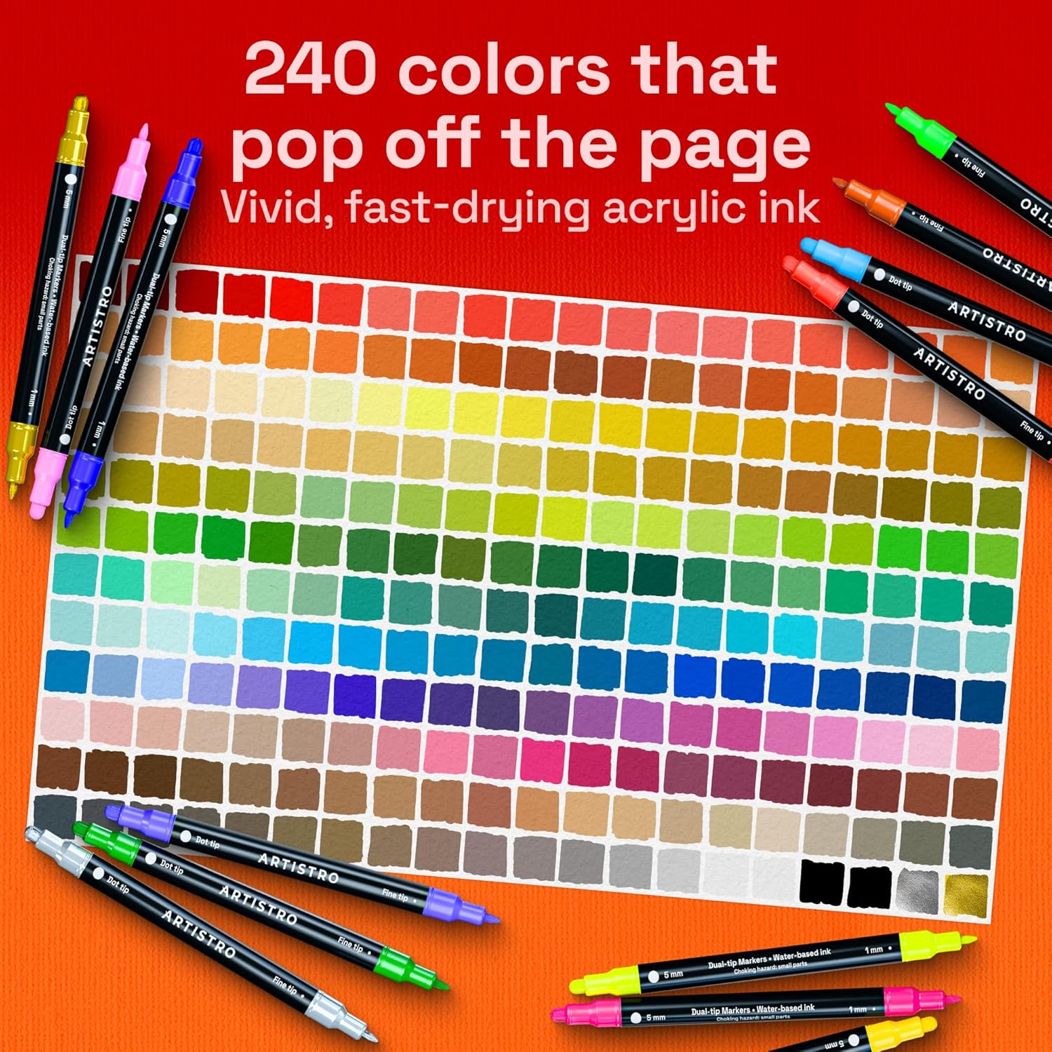 ARTISTRO 240 Precision Dual-Tip Acrylic Paint Markers – Paint Pens Set with Dot & Fine Tips for Fabric, Rock, Glass, Wood, Coloring Books – Classroom & Art Supplies Gift – Teacher Appreciation Gift