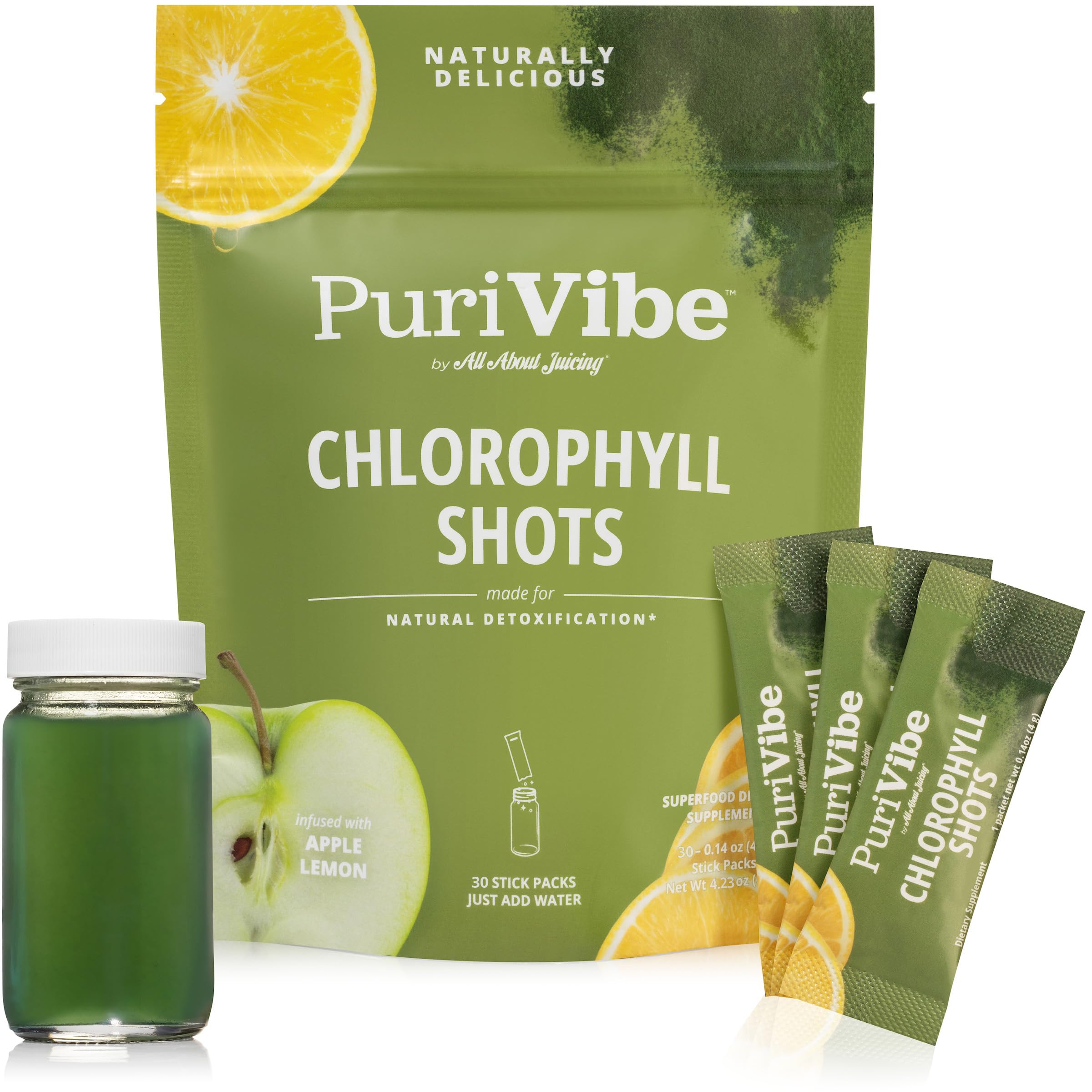 All About Juicing Bebida em pó de clorofila 120 mg, limão e maçã, 30 sachês