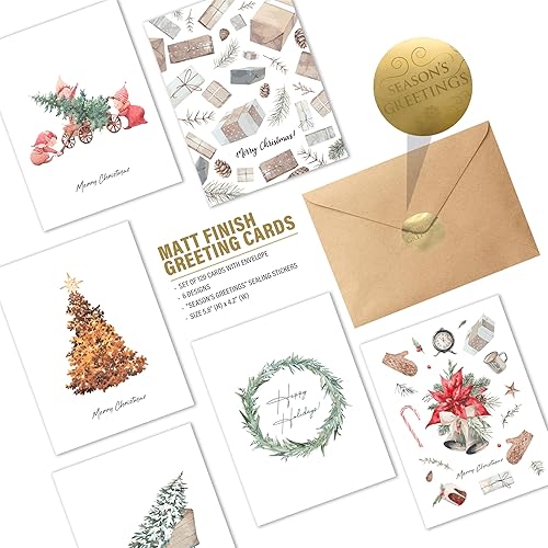 Miniatura 9 de easykart labels Surtido de 24 tarjetas de Navidad con sobres y calcomanías de sellado, 6 diseños de temática bohemia navideña, 5.75 x 4.25 pulgadas