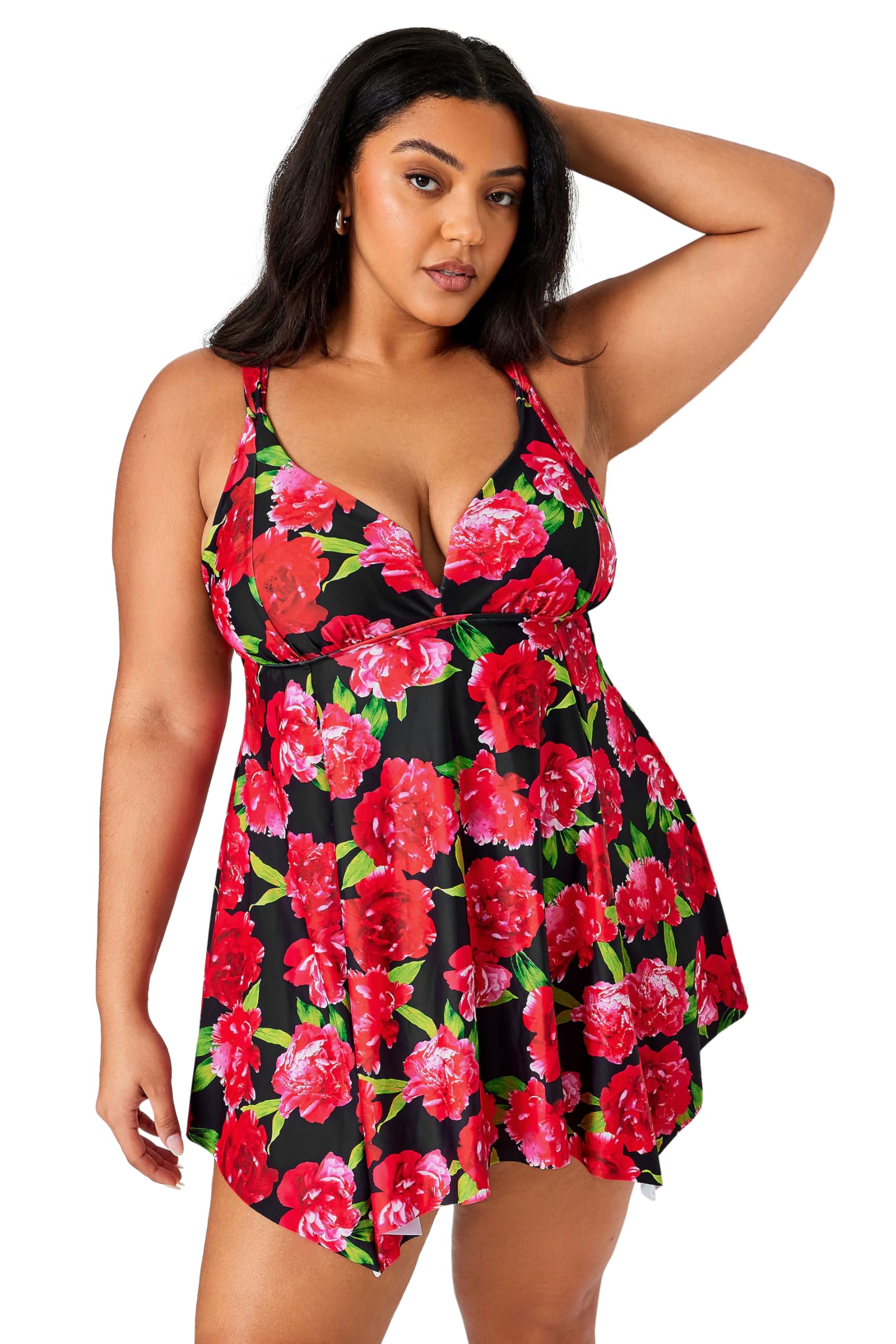 Yours Women's Floral Print Hanky Hem Swim Dress in Red | Size: 22