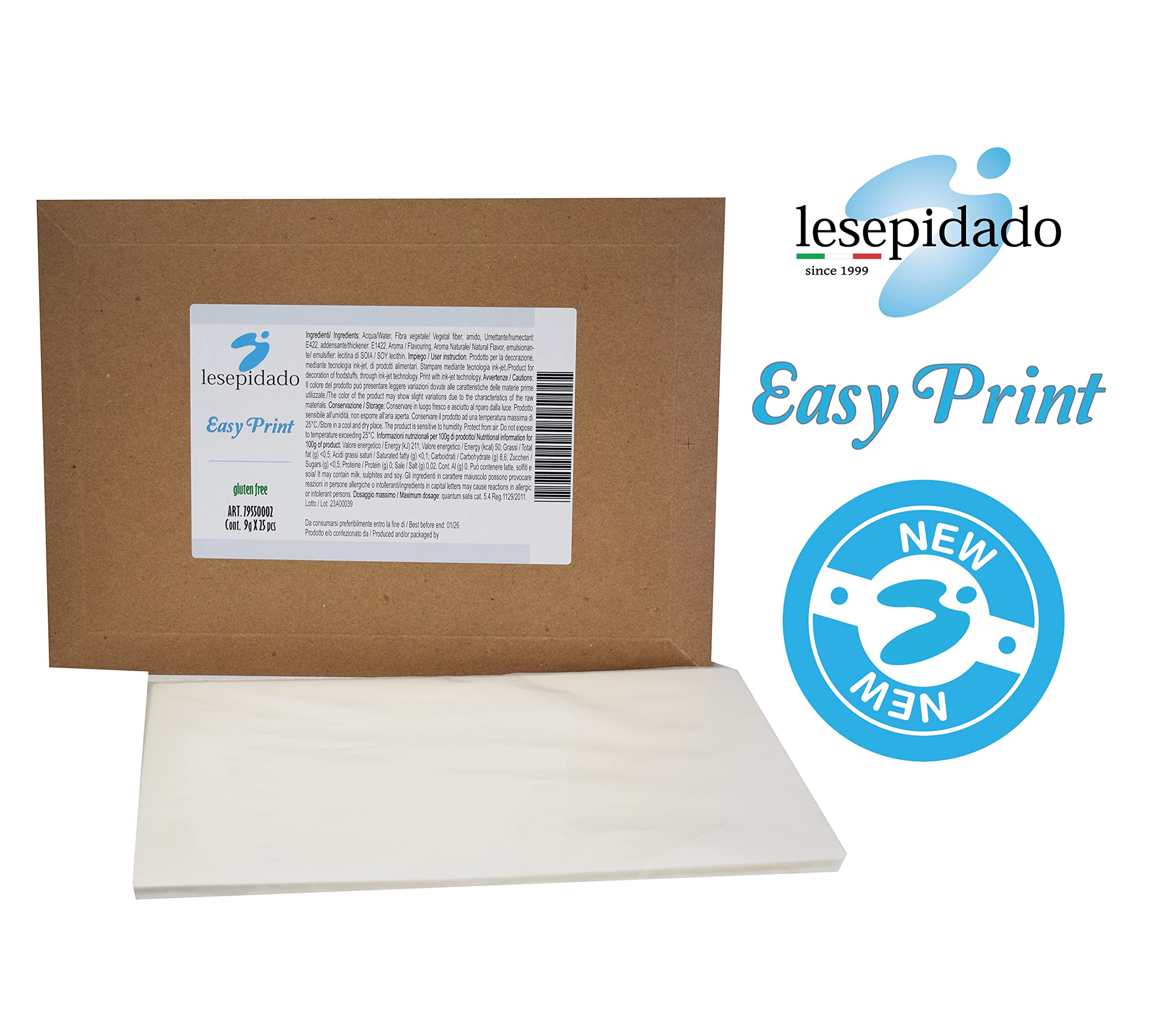 Foglio edibile EASYPRINT Lesepidado 25 fg spess.0,5mm A4 bianchi SENZA zucchero SENZA glutine