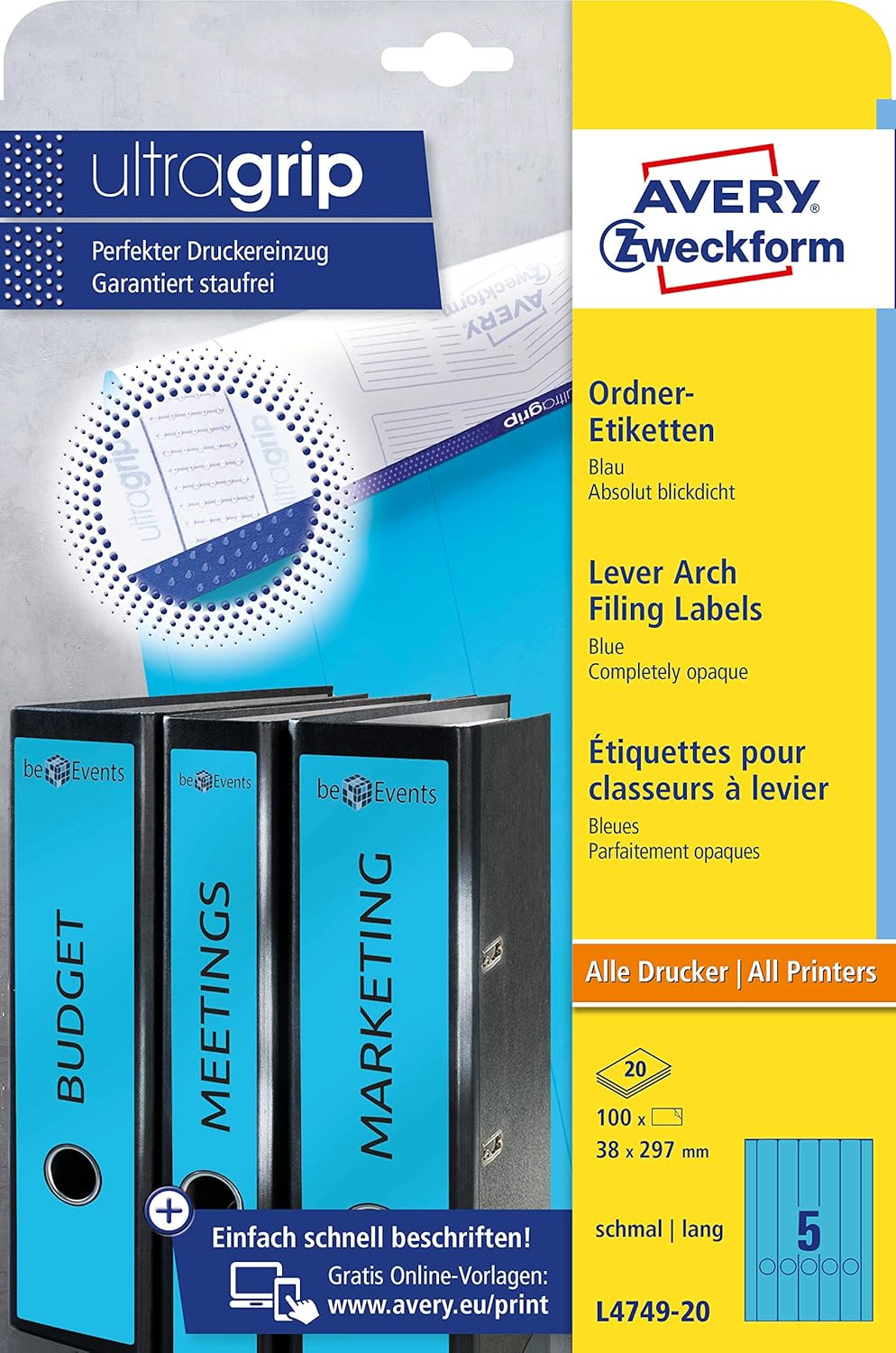 Avery Zweckform L4749-20 Filing Labels Long for Thin Folders Such as Leitz, Elba, Esselte, Mehle, Herlitz and Bene, 38 x 297 mm, 20 Sheets