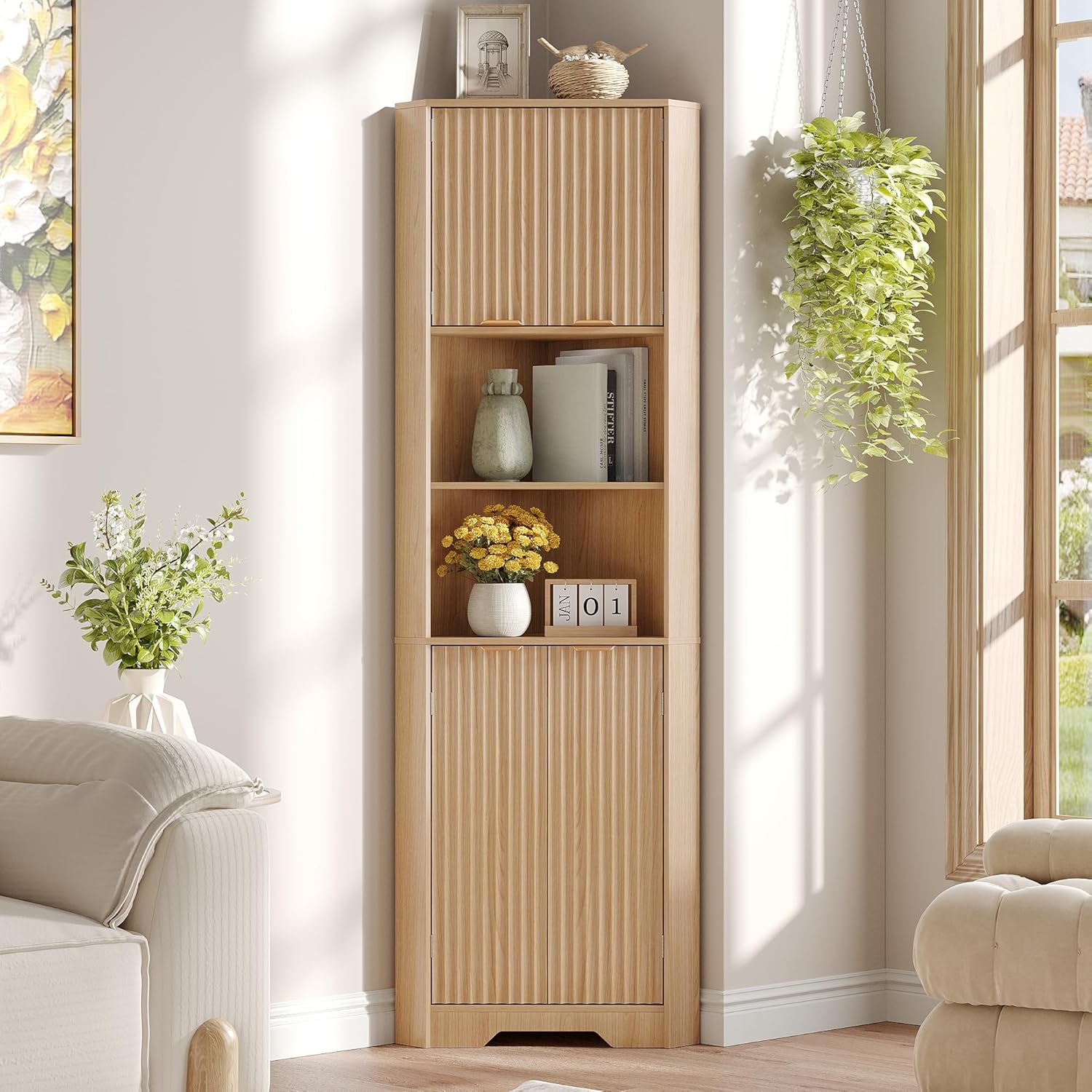 Fameill Tall Corner Cabinet with 2 Doors and 2 Open Storage Shelves, 68” Corner Storage Cabinet with Fluted Door Design, Home Space Saver for Living Room, Bathroom, Kitchen, Laundry, Natural Oak Color