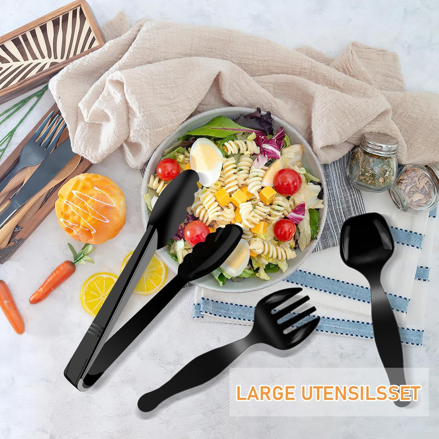 Malloom Set di 72 posate da portata in plastica, 23 cm, forchette e pinze da portata, resistenti posate da buffet, ideali per feste, ristoranti, picnic, insalata, pasta e zuppa