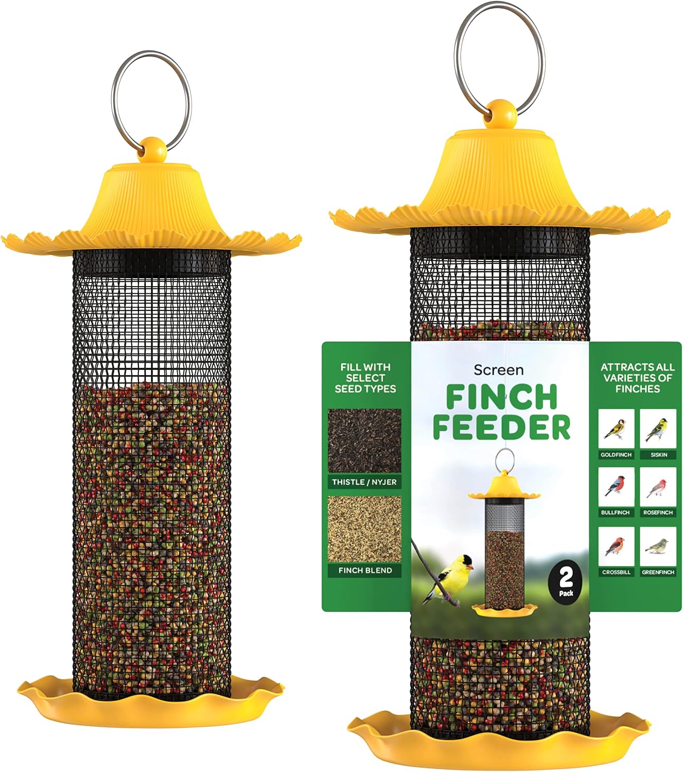 Finch Bird Feeders For Outside [Set of 2] 0.7 LB Capacity Yellow Wild Bird Feeders, Seeds Attracts Small Birds To Backyard & Garden. Tube Bird Feeders For Outdoors.