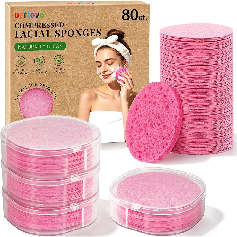 Esponjas faciais comprimidas derloyo de celulose, rosa, pacote com 80 e estojos