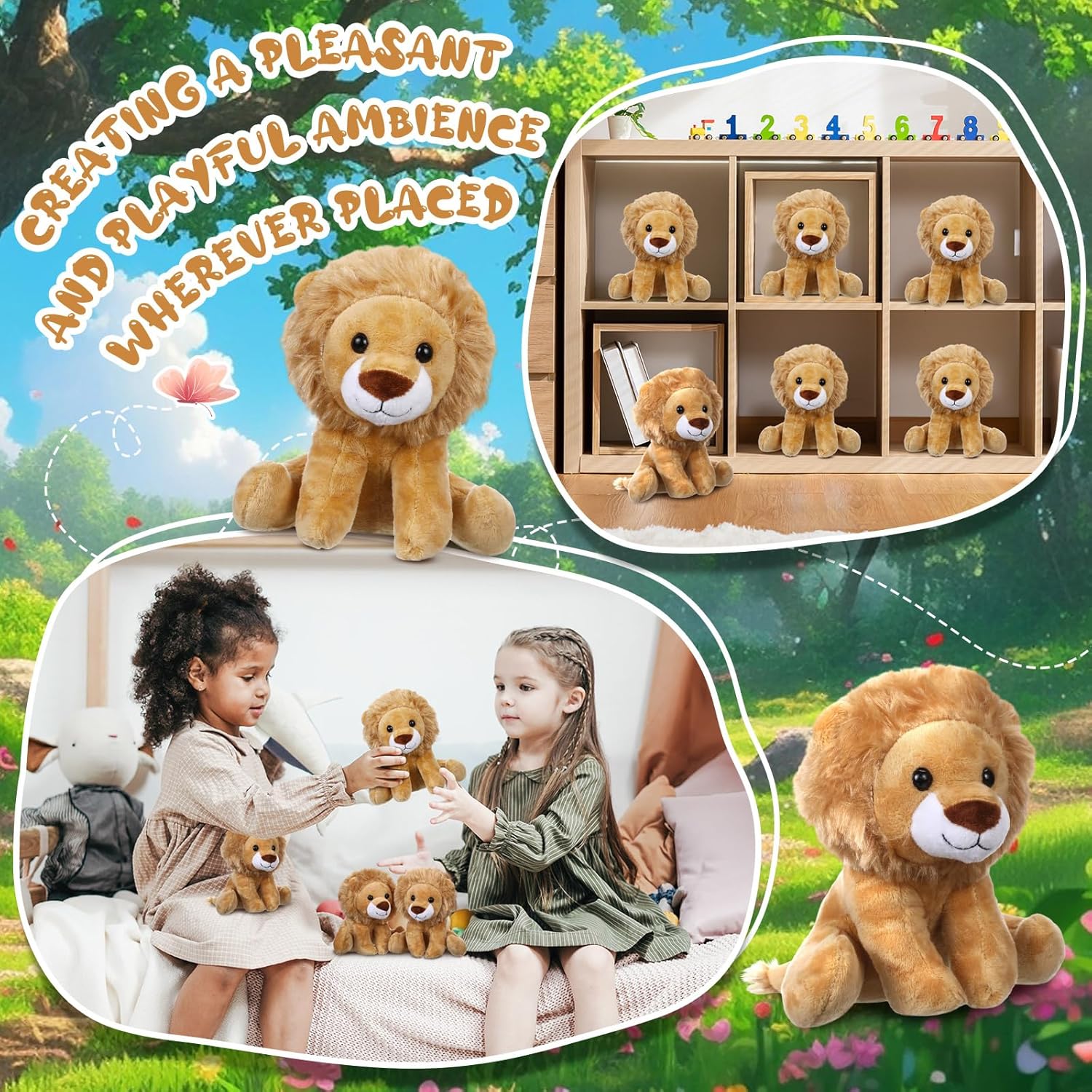 12 Pieces Lion Plush Set 6 Inches Cuddly Lion Stuffed Animal Soft Cuddly Plushie for Boys Girls Birthday Favors Gifts Forest Party Decor