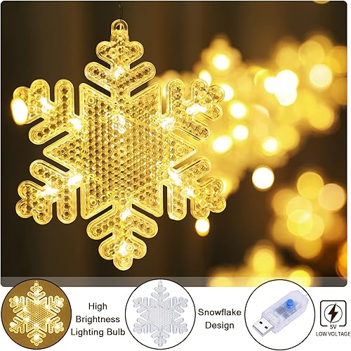 Miniatura 4 de BLOOMWIN Luces de ventana de decoración de Navidad de 10 pies, 12 copos de nieve, luces de carámbano, luces USB de cortina de Navidad para