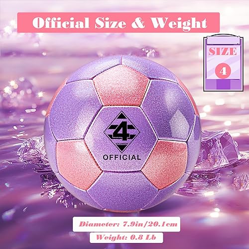 Miniatura 2 de Balón de fútbol rosa morado con purpurina, tamaño 3, 4, 5 con bomba y bolsa de aguja/malla, kit de pelota de fútbol de poliuretano Sofu para