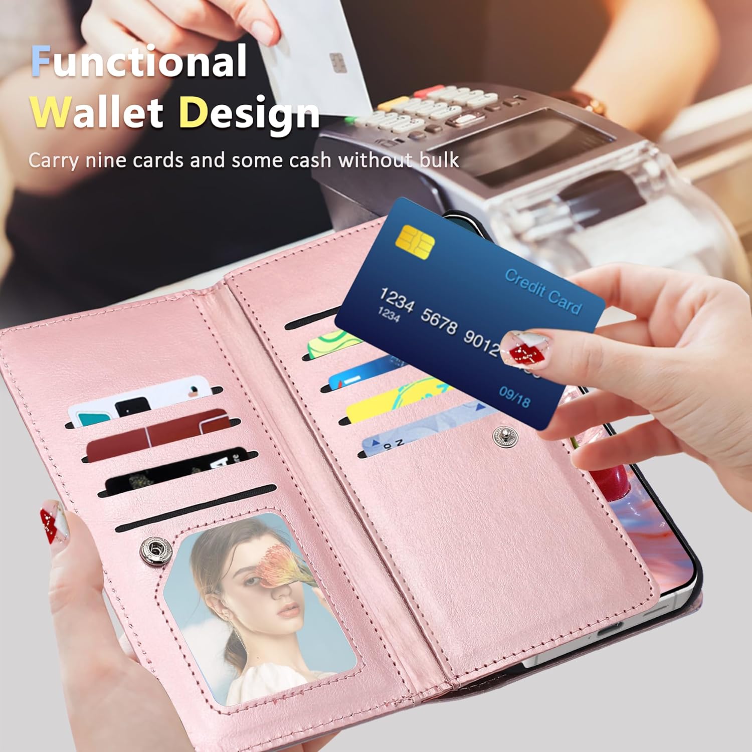 Fingic for Samsung Galaxy S25 Case Wallet for Women Girl[with 9 Card Holder]Marble Rose Gold PU Leather Detachable Wrist Strap Fullbody Slim Shockproof Flip Phone Case for Samsung Galaxy S25,6.2”,2025 - Image 4