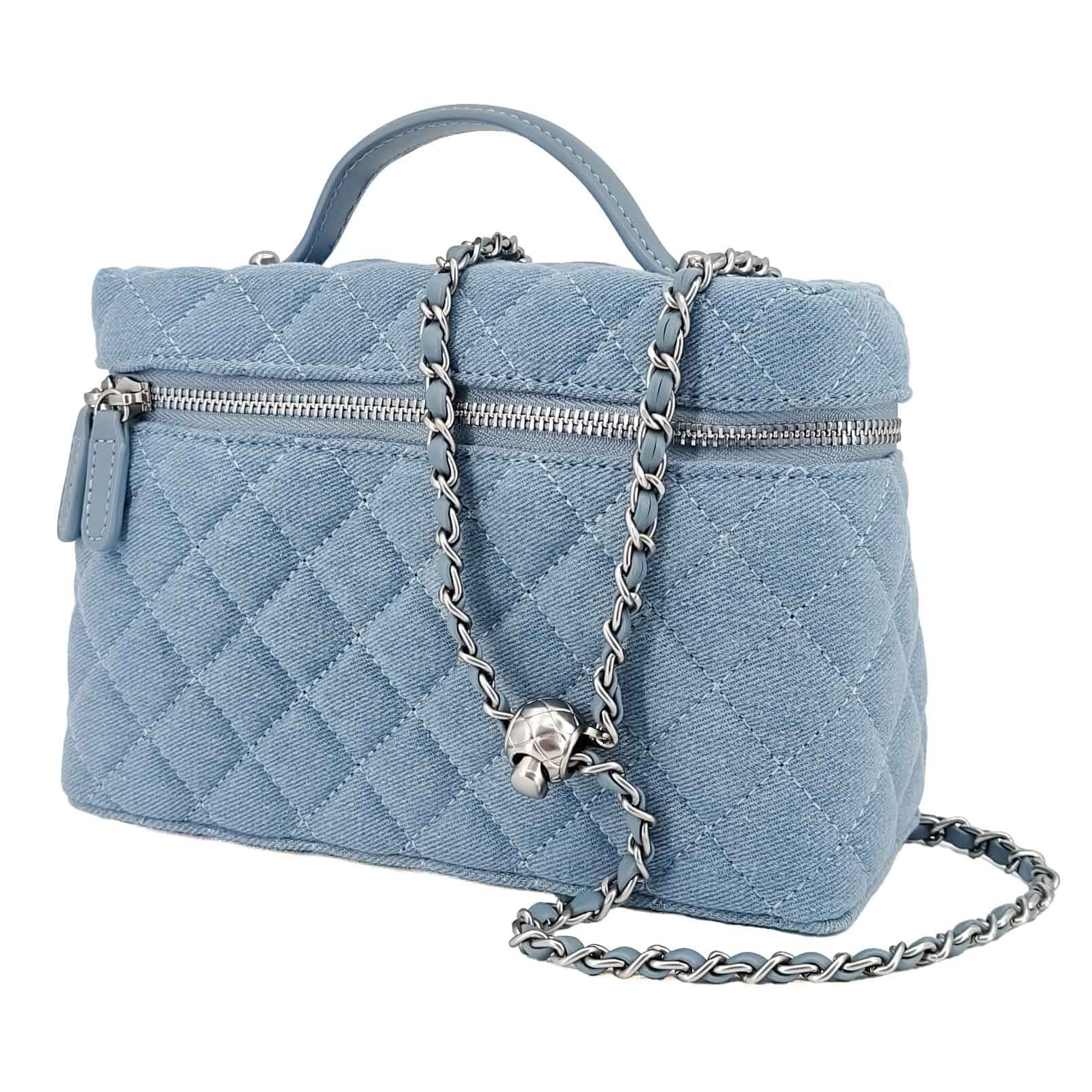 M-ioi-MQuilted Denim Slim Vanity Purse Vintage Top Handle Crossbody Bag Structured slim textured denim vanity purse with detachable chain strap and vintage trapezoid silhouette for everyday wear