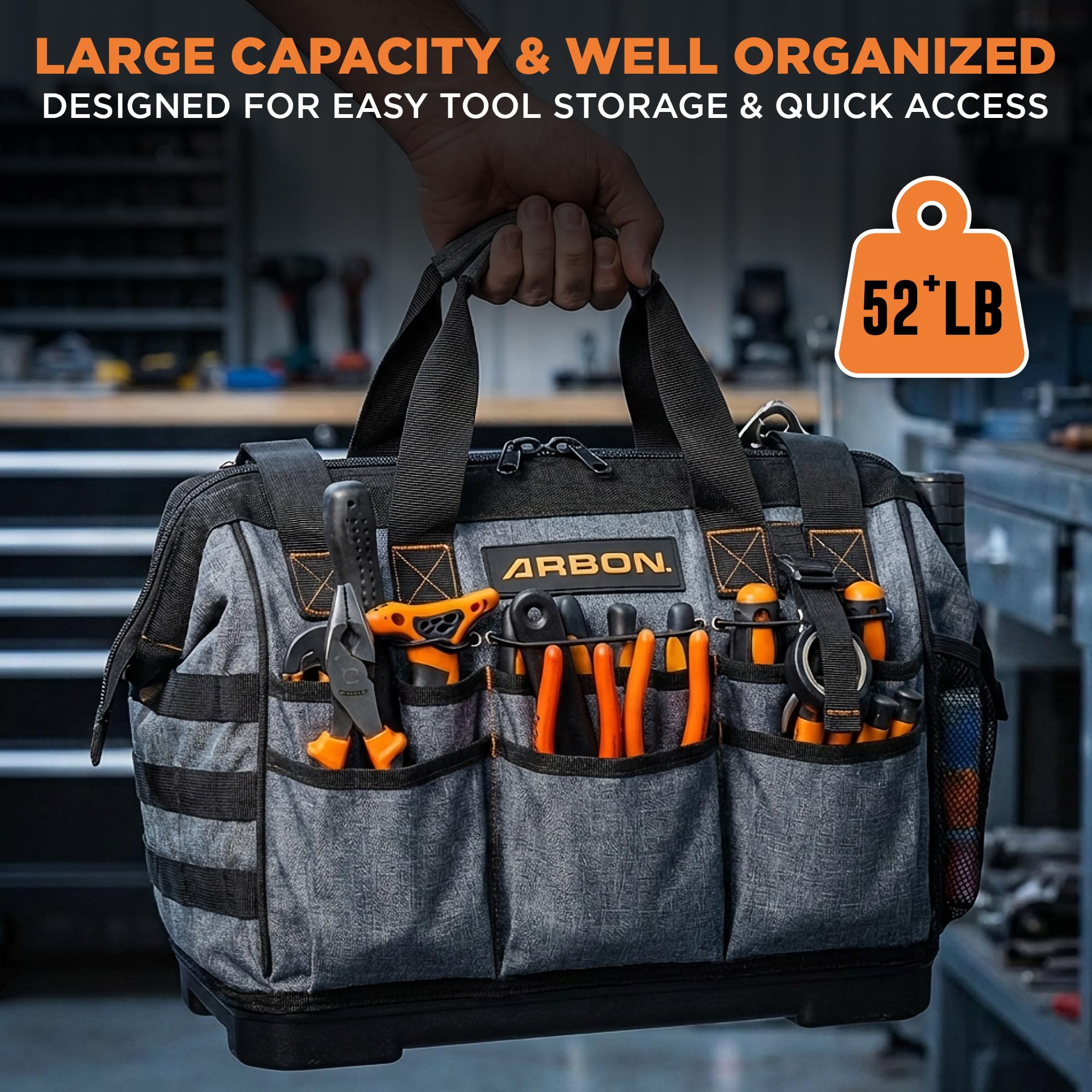 ARBON Bolsa de herramientas resistente con base moldeada: bolsa de herramientas superior de boca abierta bolsas de mano organizador para hombres y mujeres artesano eléctrico Hvac Carpenter y Mechanic