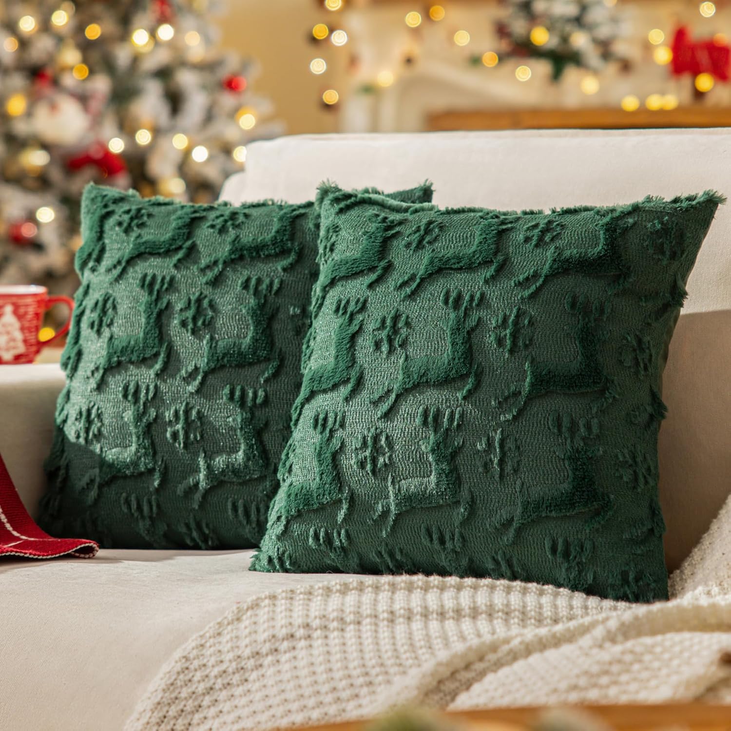 Set of 2 Snowflake Christmas Throw Pillow Covers 18x18 Inch Green Reindeer Shaped Soft Plush Pillow Covers Winter Farmhouse Decorative Pillow Covers for Thanksgiving Home Decor Sofa Couch Bed Green-snowflake 18" x 18" (Pack of 2)