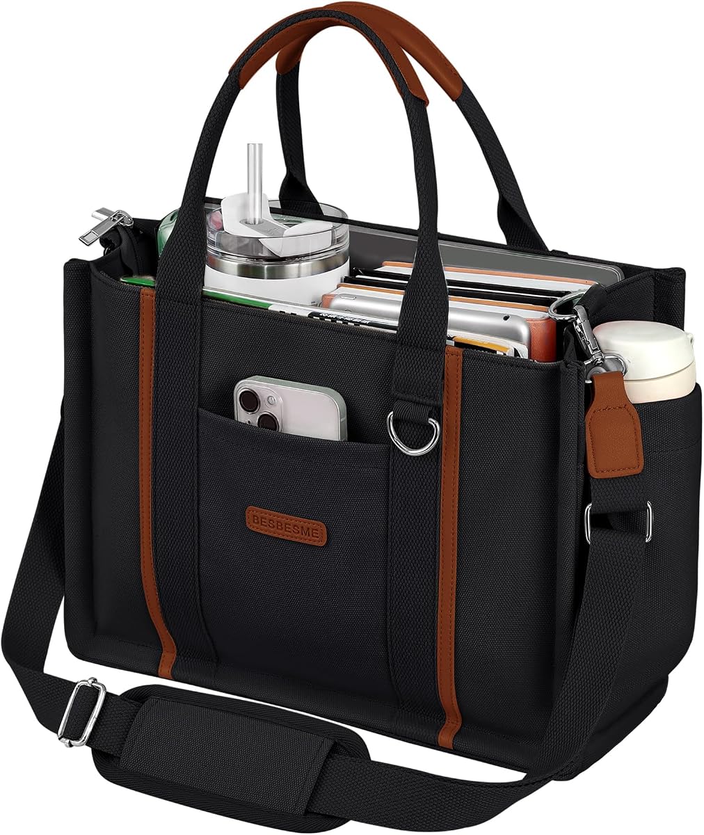 BESBESME Women’s Canvas Tote Bag with Zipper and Compartments – Multi-Pocket Laptop Work Crossbody Shoulder Tote Purse