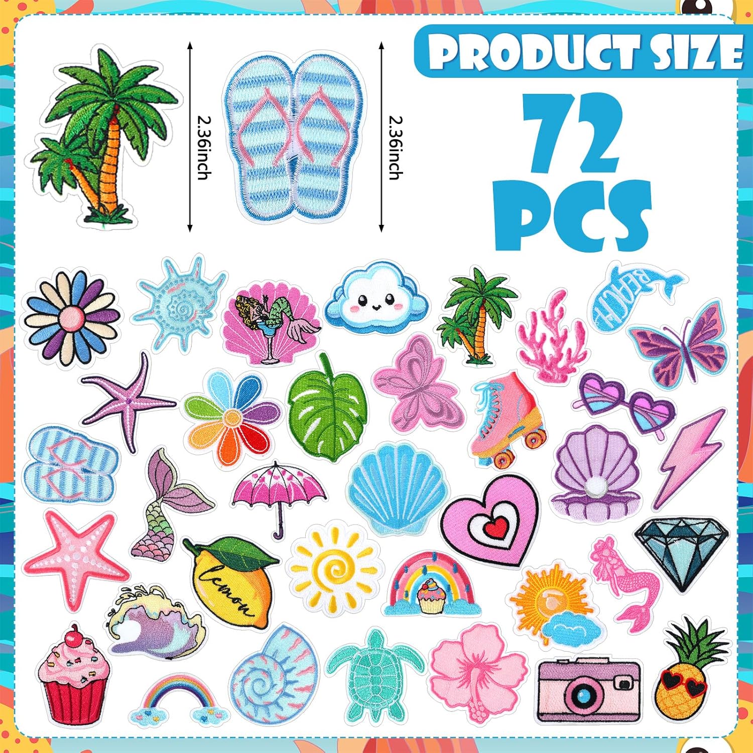 Lyrow 72 Pcs Summer Iron on Patches Hawaii Beach Embroidered Patches Cute Sea Animal Sew on Applique Decorative for Trucker Hat Backpacks Clothes, 36 Styles