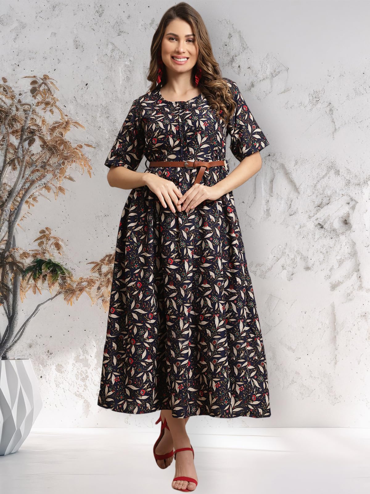 Preneum Girls's Georgette Floral Printed 3/4 Slevees A-Line Fit & Flare Gown With Belt, Jet Black, L