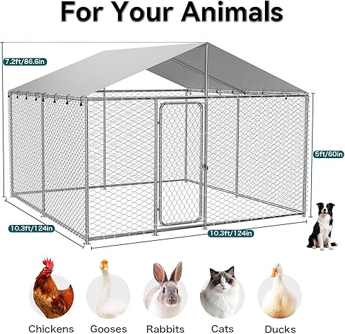 Miniatura 7 de Perrera grande de 10 x 10 pies para exteriores para perros grandes, recinto resistente con valla de malla de alambre, cerradura y cubierta