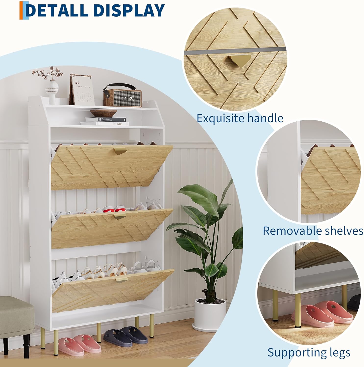IDEALHOUSE Shoe Cabinet with 3 Flip Drawers, Hidden Shoe Storage Cabinet with a Shelf, Freestanding Wood Shoe Cabinet for Hallway, Entryway, 57" H x 31" W x 9" D, White