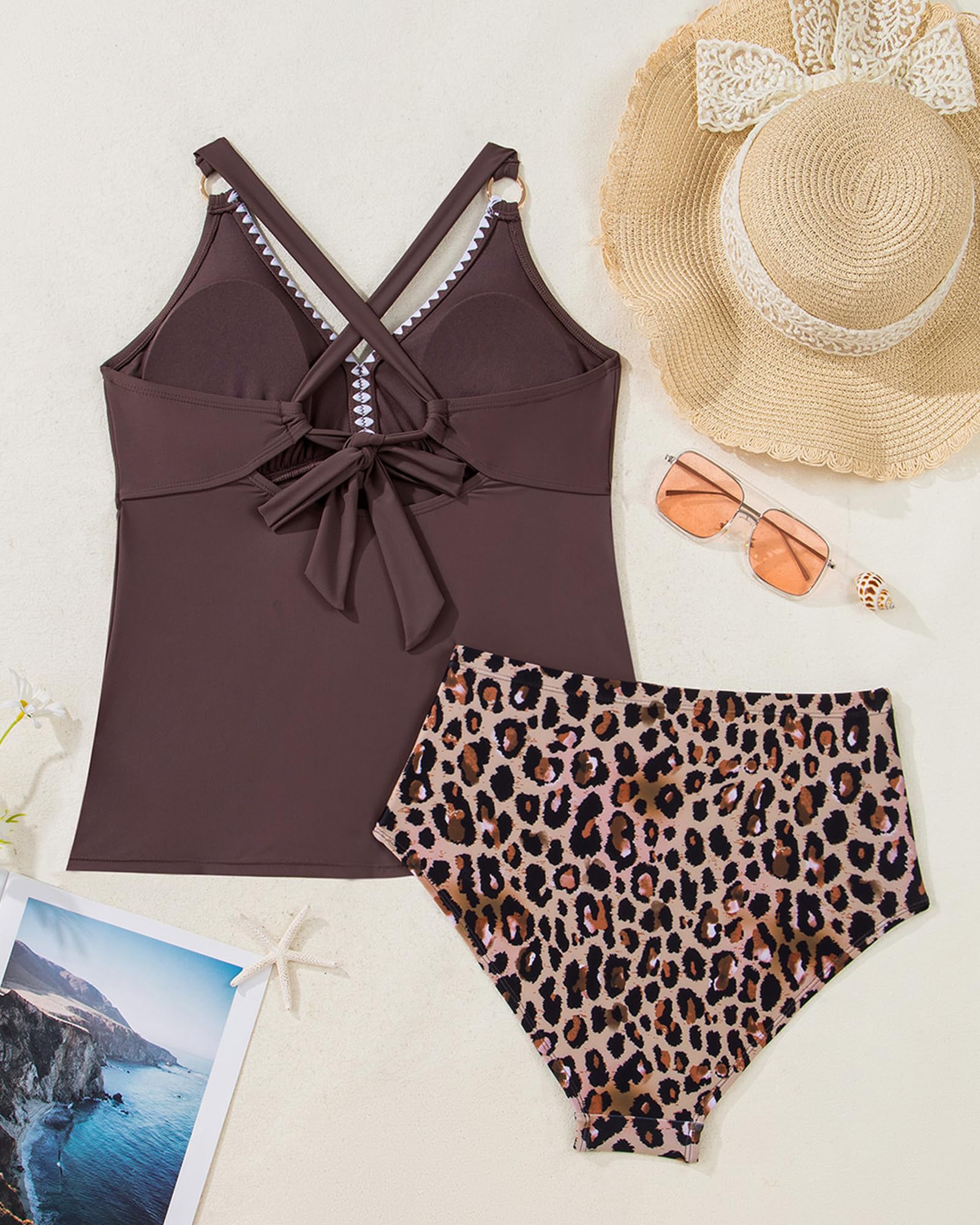 Bsubseach Damen Zweiteiliger Tankini Badeanzug mit bedruckten Shorts V Ausschnitt Bauchkontrolle O Ring Knoten Kreuzgurt Schnürung am Rücken