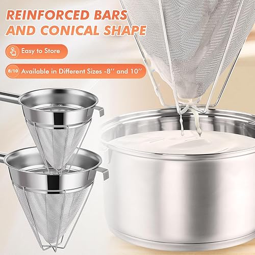 Miniatura 7 de Nuogo Juego de 2 coladores chinos de acero inoxidable de malla fina de metal para caldo de alimentos, colador de malla fina con mango y espátula de