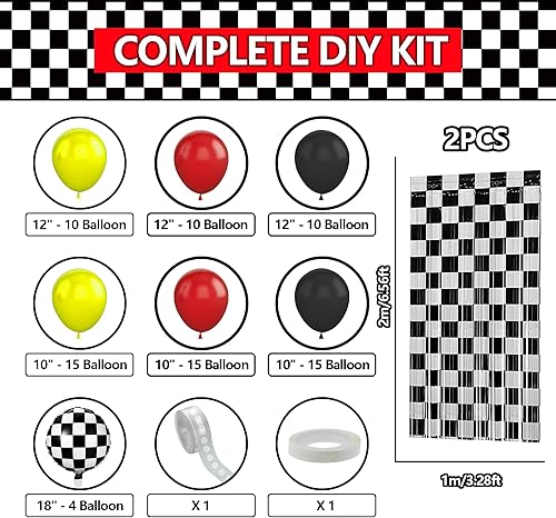Miniatura 3 de Kit de arco de guirnalda de globos de carreras con 2 cortinas de flecos de aluminio a cuadros, globos de ruedas de automóviles en tamaños de 18, 12