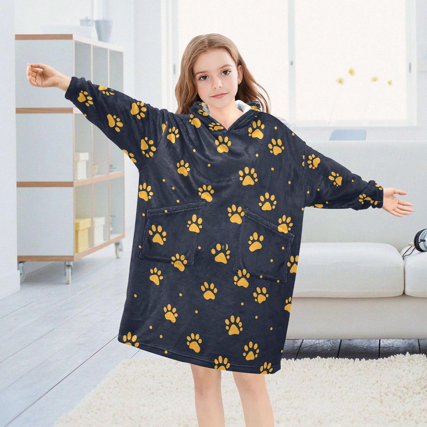 Dog Cat Claws Paw Print Kids Wearable Blanket Hoodie with Pocket and Sleeves for Toddlers, Cute Hoodies Girls Boys