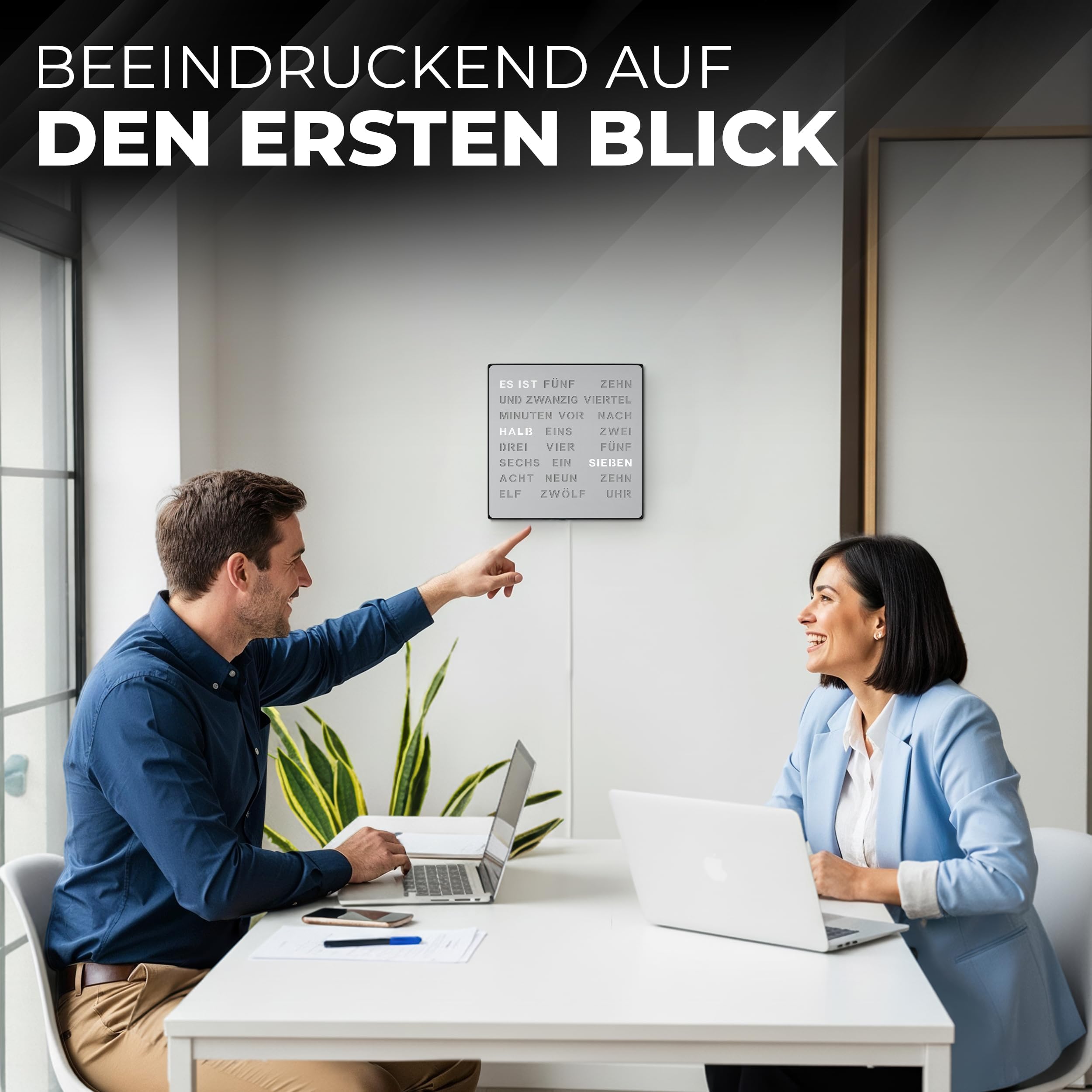 Bada Bing LED Wortuhr Silber mit Deutscher Wort Anzeige - edle Metall Uhr mit USB Kabel Wanduhr modern - Tischuhr hochwertig lautlos zum Aufstellen/Aufhängen - Deko Geschenk Männer Geburtstag Büro